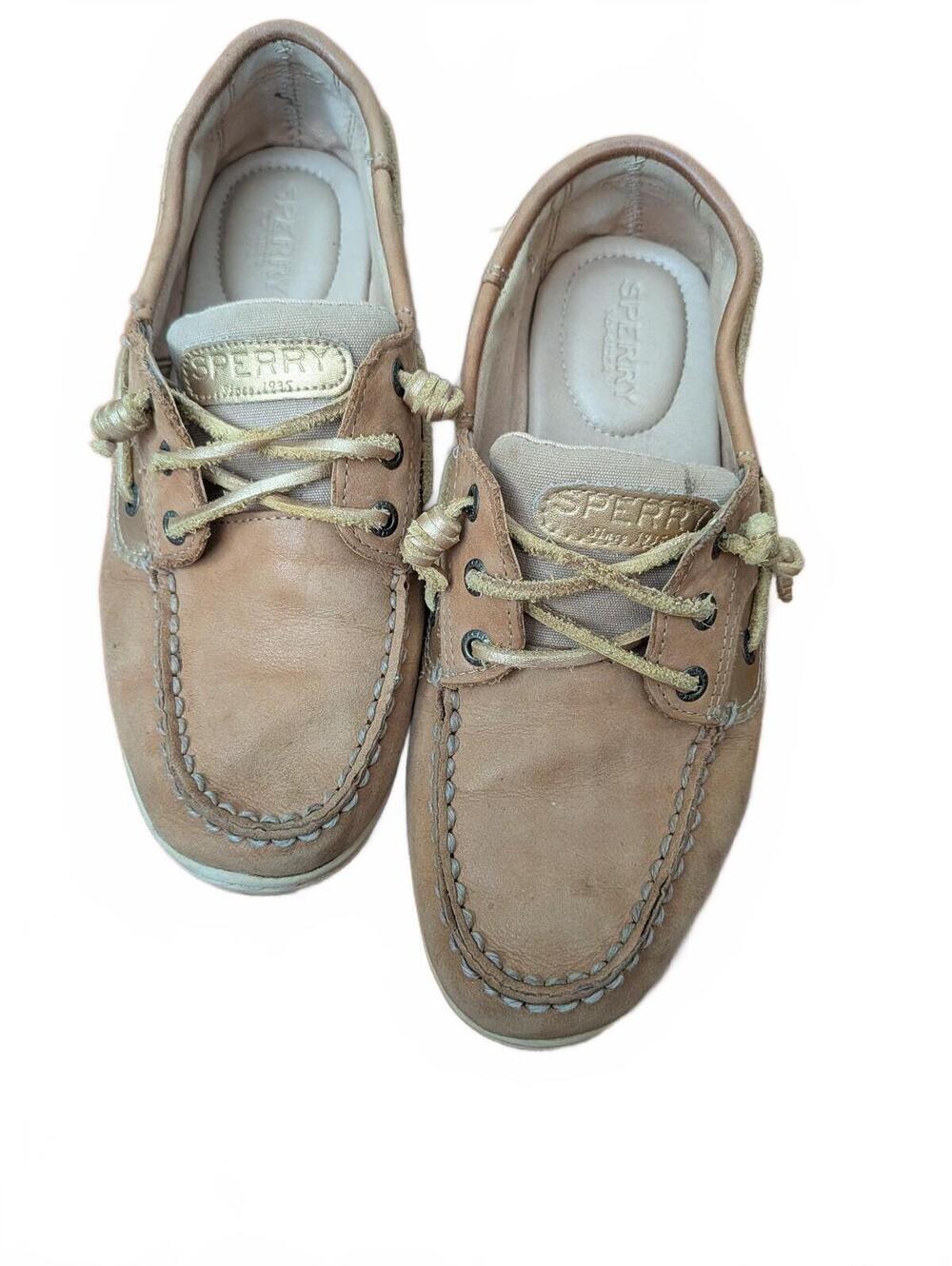 Sperry Women's 6 Rosefish Tan and Gold Leather Boat Shoes Loafers Slip-On Casual